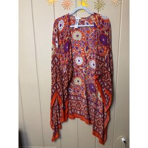 Free People Magic Dance Border Print Kimono Orange Purple Floral Lightweight